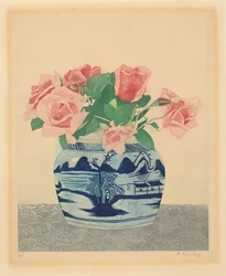 Rose rosa in un vaso di zenzero con decorazioni cinesi