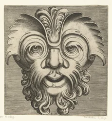 Maschera con barba e baffi ricci, un ciuffo di riccioli poggia sulla radice del naso