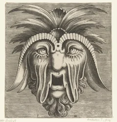 Maschera con bocca aperta, senza denti, guance cadenti e ciuffi sulla testa