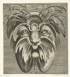 Maschera con guance cadenti e baffi, con erbe nei capelli