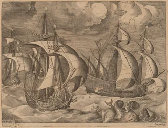 Tre caravelle in una tempesta crescente con Adrion su un delfino