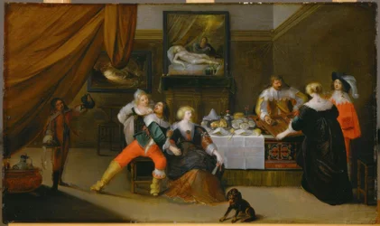 Scena di società con un quadro di Danae sullo sfondo