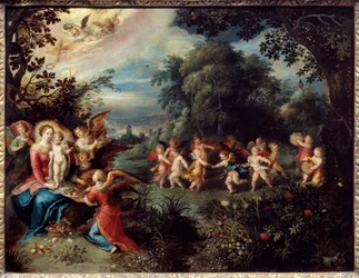 Madonna con il bambino in un paesaggio circondato da musicisti e angeli danzanti
