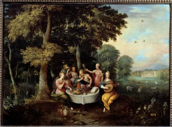 I cinque sensi: giovani donne in un paesaggio con banchetto (gusto), musica (udito), specchio (vista), mazzo di fiori (olfatto) e carezza (tatto)