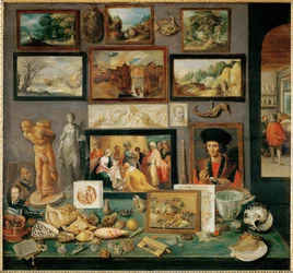 Una collezione di arte e curiosità (pittura su legno di quercia)