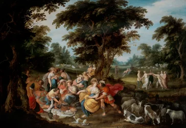 Arcadia: un paesaggio pastorale con pastori e pastorella che fanno un picnic
