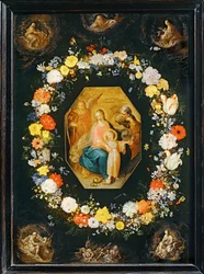 La Sacra Famiglia circondata da una ghirlanda di fiori ...