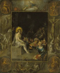La derisione di Cristo, in una cornice grisaille che raffigura Dio Padre, gli Evangelisti, la Crocifissione, la Resurrezione e il Diavolo e la Morte con il Serpente Incoronato