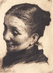 Testa di una vecchia donna, rivolta a sinistra, con lo sguardo abbassato