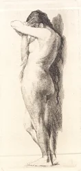 Donna nuda in piedi che nasconde il volto