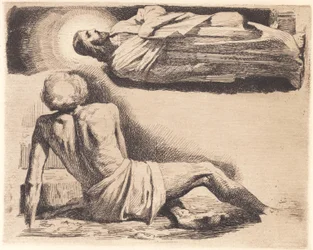 Uomo sdraiato e una figura di Cristo sopra