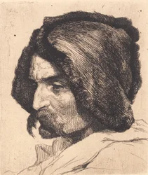 Piastra di prova: Testa di uomo con lunga barba e cappello spagnolo
