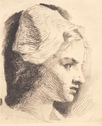 Piastra di prova: Profilo di una giovane donna con cappello a punta