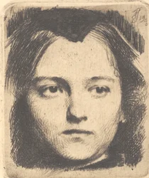 Testa di giovane donna, di fronte, con pizzo. Prova di stampa