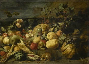 Frutta e verdura con scimmia, pappagallo e scoiattolo