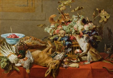Natura morta con frutta, selvaggina morta, verdure, una scimmia viva, uno scoiattolo e un gatto