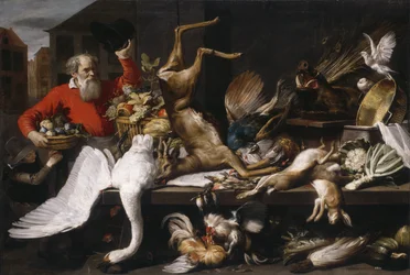 Natura morta con selvaggina morta, frutta e verdura in un mercato, 1614