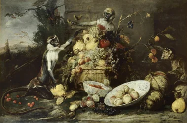 Tre scimmie che rubano frutta, con vista su un paesaggio