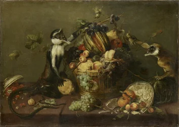Due scimmie che saccheggiano un cesto di frutta