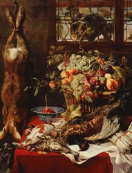 Natura morta con frutta, selvaggina e un gatto vicino a una finestra