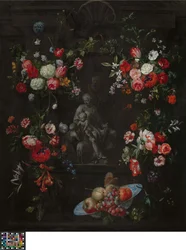 Corona di fiori con la Sacra Famiglia