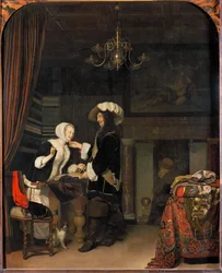 Cavaliere in un negozio di drappiere (dipinto su legno di quercia)