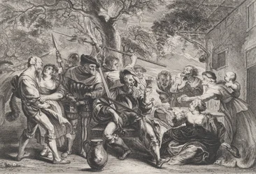 Don Chisciotte e truppe della Santa Hermandad fuori da una taverna, ca. 1635-79