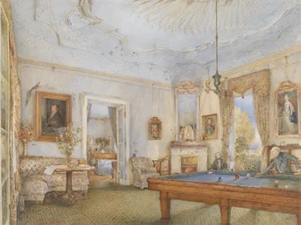Interno Biedermeier con un uomo che gioca a biliardo