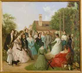 Pfaenderspiele der Familienmitglieder Alt im Garten - Gioco a premi nel giardino della famiglia Alt ... (dipinto su tela)