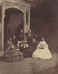 [Ritratto di tre donne e uomini in un giardino], 1850s-60s