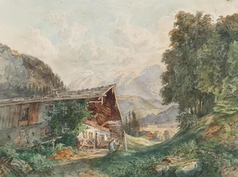 Paesaggio alpino con cascina e donna alla fontana