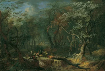 Paesaggio boschivo con albero caduto e cacciatori