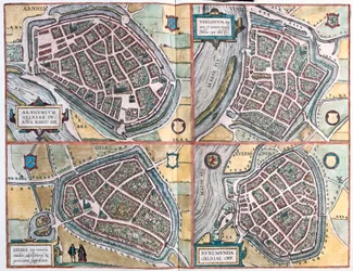Arnhem e Venlo, Paesi Bassi - Geldern, Germania e Ruermonde, Paesi Bassi (incisione)