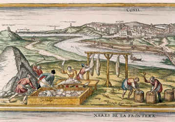 Conil de la Frontera, i pescatori asciugano il pesce, lo tagliano, lo vendono e lo confezionano in barili per la vendita, da "Civitatis Orbis Terrarum"