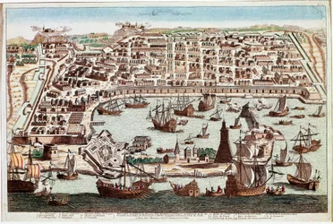 Veduta della città di Messina in Sicilia - Incisione di Franz Hogenberg (1535-1590) da "Civitatis Orbis Terrarum" di Braun e Hogenberg - 1594