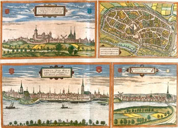 Vedute e piani di Cleves (Cliviam), Duisburg (Duisburgum), Emmerich am Rhein (Embrica) in Germania e Genappe in Belgio