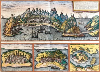 Vedute di Aden (Yemen), Mombasa (Kenya), Kilwa Kisiwani (Tanzania) e Cefala Diana (Sicilia, Italia)