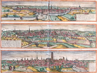 Vedute di Bois le Duc (Buscumducis), nei Paesi Bassi, Leuven (Lovanium) e Machelen (Mechlineen) in Belgio (Incisione)