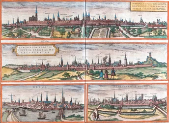 Vedute di Brunswick (Brusvicum), Lüneburg (Loneburgum), Brema (Brema) e Oldenburg (Aldenburgum), Germania