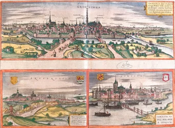 Vedute di Groningen (Groeninga), Brouwershaven (Broversavia) e Gorinchem (Goricum), nei Paesi Bassi