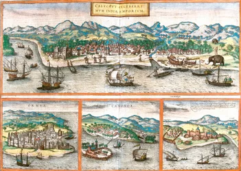 Vedute di Kozhikode o Calicut (India), Ormuz (Iran), Cannanore o Kannur (India) e St. George della miniera o Elmina (Ghana)