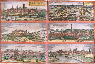 Vedute di Monaco (Monacum), Ingolstadt (Ingolstadium), Freising (Frisingensis), Nordlingen (Nordlinga), Ratisbona (Ratispona) e Straubing (Stravbinga), Germania