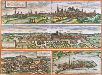 Vedute di Norimberga (Nurnberga), Ulma (Ulma), Lindau (Lindola), Germania e Salisburgo (Salisburgensis) in Austria