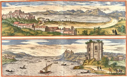 Vedute di Pozzuoli (Puteoli) e Baia (Baiae) (attuale Baia), Italia, con i resti antichi delle terme del Golfo di Napoli e una fortezza