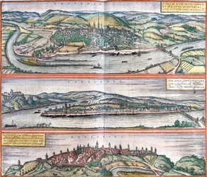 Vedute di Treviri (Treveris), Coblenza (Coboletz) e Rothenburg (Rotenburgum), Germania
