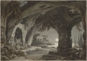 Paesaggio ideale con grotta di roccia, tombe e rovine al chiaro di luna, c. 1790