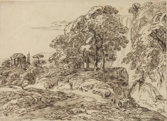 Paesaggio pastorale con cascata e tempio
