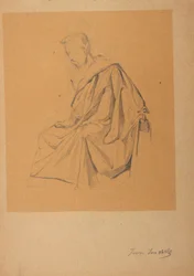 Studio di figura di un uomo seduto a sinistra, vestito con un panno