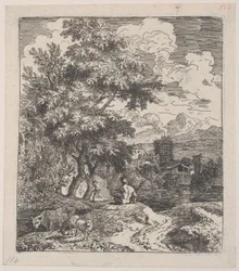 Tavola 3: un pastore seduto su una collina, una mucca e due pecore a sinistra, e una città a destra, ca. 1700-25