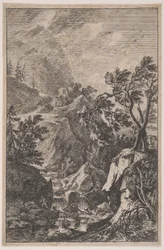 Tavola 6: due figure maschili in piedi su una roccia a destra, una cascata al centro, ca. 1700-25